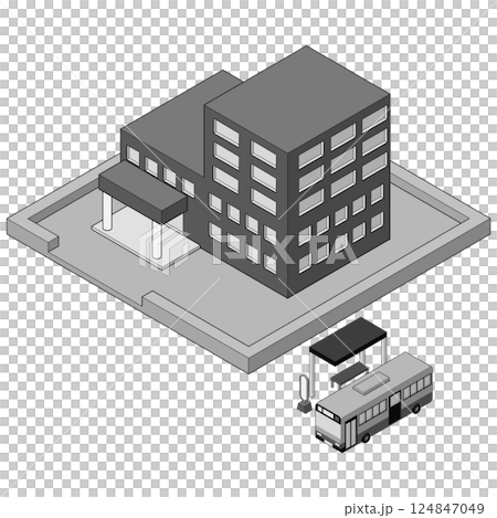 ビルの前のバス停にバスが止まっているモノクロのイラスト。アイソメトリック図法、左面法、主線あり。 124847049