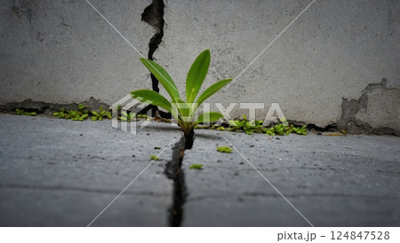 Green Plant Growing Through a Crack in Concrete Paving 124847528
