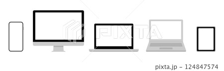 スマートフォン、デスクトップ、ノートパソコン、タブレットのイラスト。デバイスの正面図。空白画面。 スマートフォン、デスクトップ、ノートパソコン、タブレットのイラスト。デバイスの正面図。空白画面。 124847574