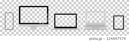 Smartphone, desktop, laptop and tablet illustration. Front view of devices. Blank screen. 124847574