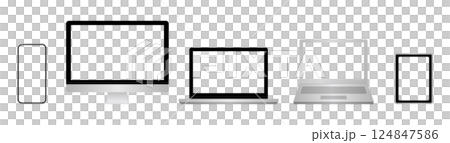 Smartphone, desktop, laptop and tablet illustration. Front view of devices. Blank screen. 124847586