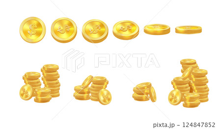 Realistic golden coins pile. Stacks of gold money, cash or treasure. Bank and finance. Investment, profit or gain. Copy space. Vector 124847852