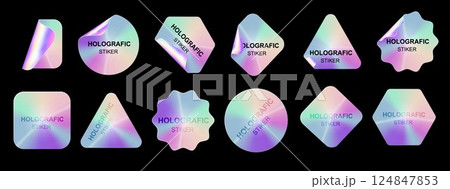 Holographic stickers. Hologram labels shapes. Holographic textured stickers for preview tags, labels. Sticker for design mockups. Vector 124847853