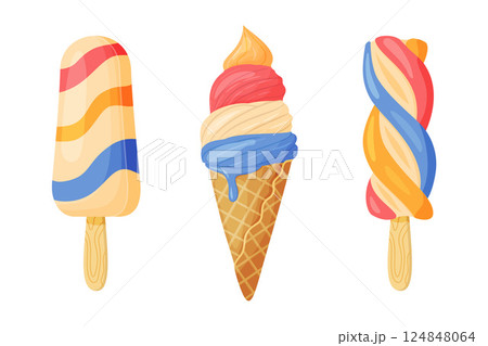 Delicious ice creams, layered popsicle, waffle cone and Fruity twisted popsicle 124848064