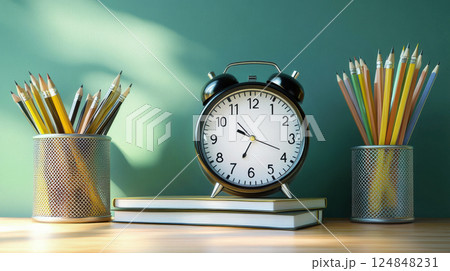 Education concept, alarm clock standing books, pencils, green. Poster school, university, study 124848231