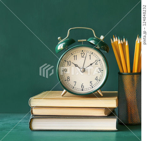 Education concept, alarm clock standing books, pencils, green. Poster school, university, study 124848232