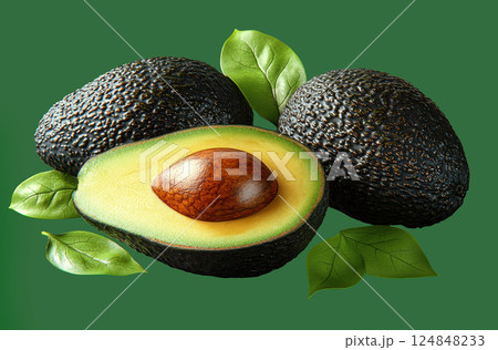 Group avocados, leaves green, sliced, top view avocado leaves, space text, vegetarian food, vitamin 124848233