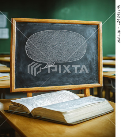 Education concept, vibrant back to school themed border frame background chalkboard Sketch, Speech Bubbles, pencils, books, various school supplies wooden desk. Poster, banner school, university study 124848246