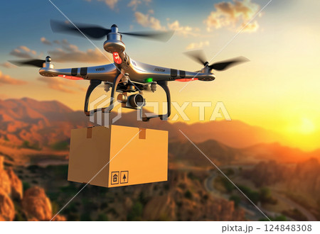 Aerial drone carrying package over an urban cityscape rural, at sunrise, sunset. Urban technology and commerce concept fast delivery 124848308