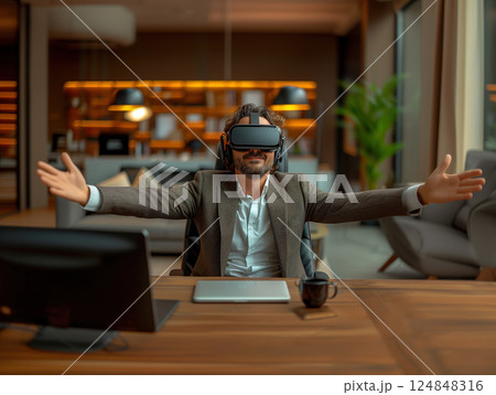 Business portrait rich corporate Caucasian man business suit outstretched arms sitting desk office wearing VR headset glasses. Reality using technology work. Concept using modern technology 124848316