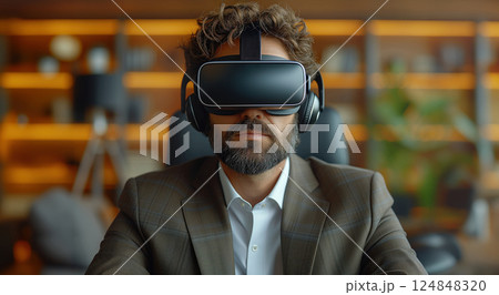 Business portrait rich corporate Caucasian man business suit outstretched arms sitting desk office wearing VR headset glasses. Reality using technology work. Concept using modern technology 124848320