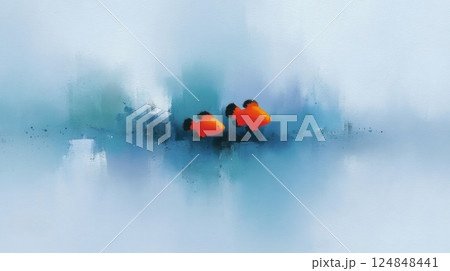 Minimalist watercolor painting of two clownfish with soft color blending and clean background 124848441