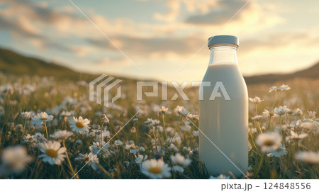 Glass bottle of milk stands in serene meadow filled with blooming daisies under warm sunset sky 124848556
