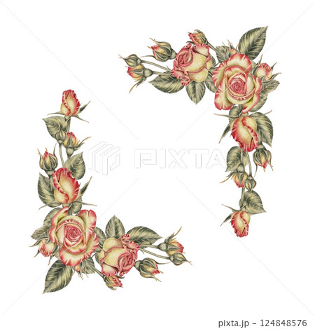 Yellow and pink roses and buds and green leaves frame. Watercolor illustration for cards, invitations, holidays Spring, birthday, Valentine's Day, wedding or Mother's Day. Yellow and pink roses and buds and green leaves frame. Watercolor illustration for cards, invitations, holidays Spring, birthday, Valentine's Day, wedding or Mother's Day. 124848576