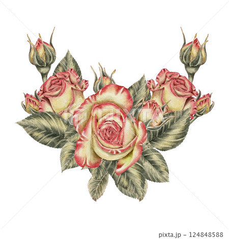 Flowers, yellow and pink roses and green leaves composition card. Watercolor illustration for cards, invitations, holidays Spring, birthday, Valentine's Day, wedding or Mother's Day. 124848588