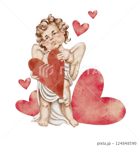 Cupid, big red heart in his hands and man hearts behin him vintage love composition on white. For Wedding Cards, Valentine's Day, Birthday, Holidays, Invitations.  124848590