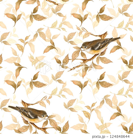Seamless pattern with birds and leaves. Hand-drawn illustration in autumn colors. 124848644