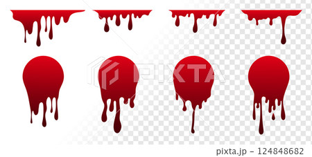 Dripping blood stains, splash circles, splatter on transparent background. Vector illustration 124848682