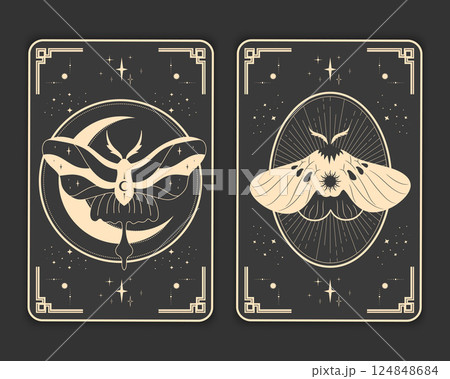 Pair of esoteric Tarot card reverse sides with butterflies and celestial elements. Tarot card border template design. Vector illustration Pair of esoteric Tarot card reverse sides with butterflies and celestial elements. Tarot card border template design. Vector illustration 124848684