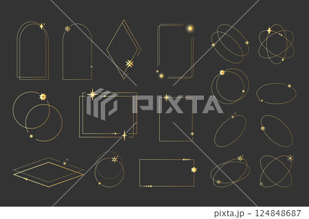 Golden celestial star frames collection. Abstract geometric frames decorated with space sparkles and glints. Vector illustration 124848687