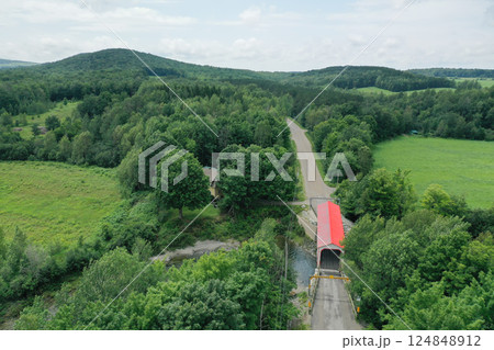 Aerial of Lambert Covered Bridge in Quebec, Canada Aerial of Lambert Covered Bridge in Quebec, Canada 124848912
