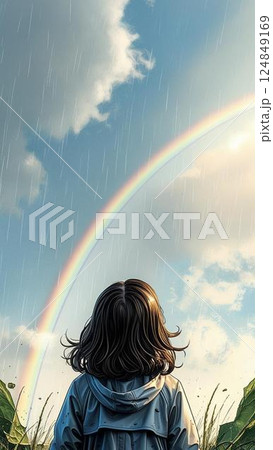背景素材_虹を見上げる少女 124849169