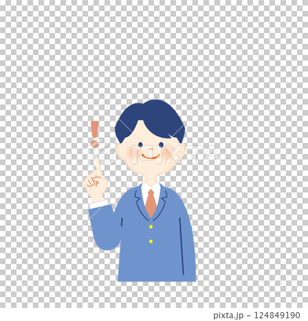 ブレザーの男子学生　びっくりマークを指差す　上半身 124849190
