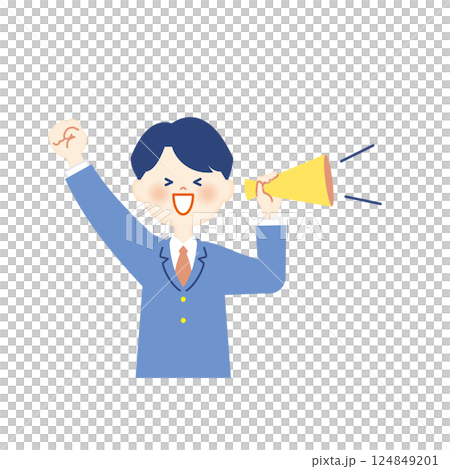 Male student in blazer, megaphone and fist pump, upper body Male student in blazer, megaphone and fist pump, upper body 124849201