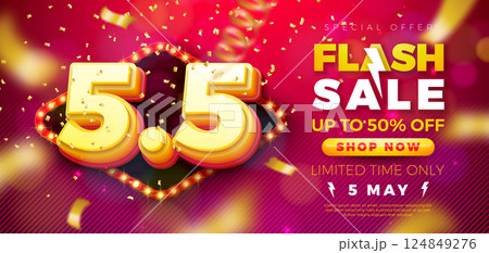 5 May Shopping Day Flash Sale Design with 3d 5.5 Number, Light Bulb Billboard and Falling Confetti on Red Background. Vector Special Offer 50 Percent Off Campaign Discount Illustration for Coupon 5 May Shopping Day Flash Sale Design with 3d 5.5 Number, Light Bulb Billboard and Falling Confetti on Red Background. Vector Special Offer 50 Percent Off Campaign Discount Illustration for Coupon 124849276