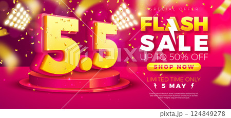 5 May Shopping Day Flash Sale Design with 3d 5.5 Number, Light Bulb Billboard and Stage Podium on Red Background. Vector Special Offer 50 Percent Off Campaign Discount Illustration for Coupon, Voucher 124849278