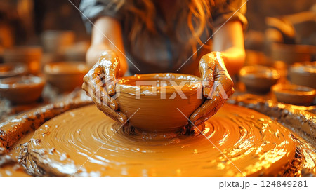 Hands sculpting wet clay on a potter wheel, covered in earthy brown ceramic material, focusing on texture and artistry 124849281