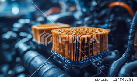 A close-up of a high-quality automotive air filter, clean and well-lit, showing its structured layers and details 124849282