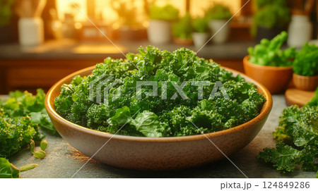 A bowl filled with fresh green kale on a kitchen countertop, illuminated by natural sunlight 124849286