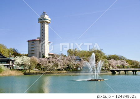 青空に映えるタワーと公園の噴水 青空に映えるタワーと公園の噴水 124849325
