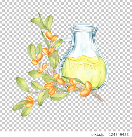 Watercolor illustration of a transparent oil jar with vivid yellow argan oil, surrounded by detailed branches with green leaves and orange fruits. Great for natural-themed packaging designs. 124849428