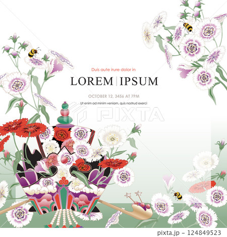 Vector Template Illustration. Korean Bridal Crown-Jokduri Decorated with Dianthus Flowers. Traditional Korean Wedding Culture  124849523