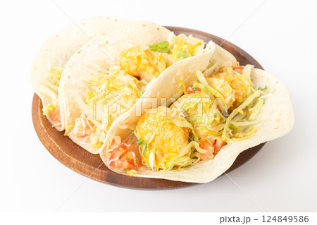 Shrimp Tacos on a White Background 124849586