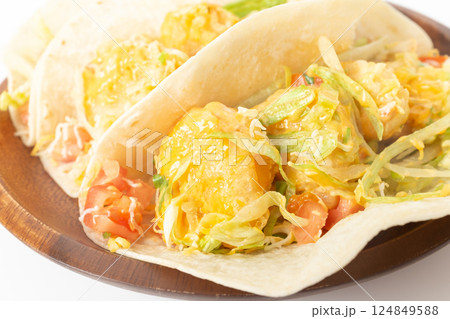 Shrimp Tacos on a White Background 124849588