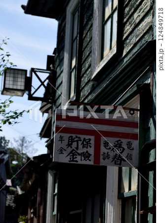 古い町並みに残る昭和レトロな金融看板と建物外観 124849718