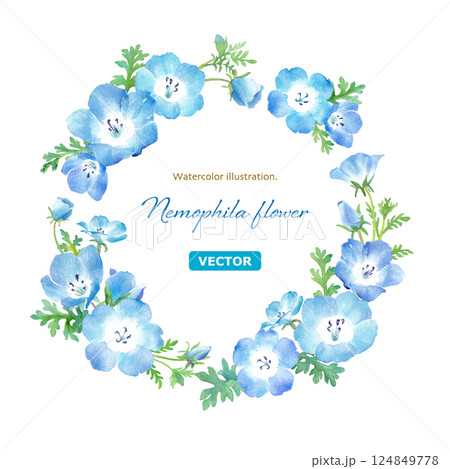 ネモフィラの水彩イラストで構成した、円形装飾フレーム。（ベクター） 124849778
