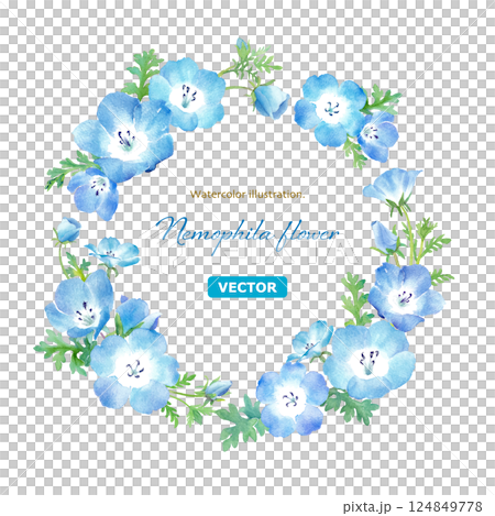 A circular decorative frame composed of watercolor illustrations of nemophila. (Vector) A circular decorative frame composed of watercolor illustrations of nemophila. (Vector) 124849778