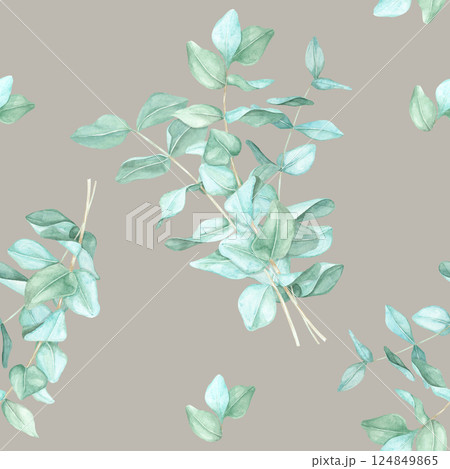 Soft green eucalyptus foliage painted in delicate watercolor strokes. This seamless pattern clipart is well-suited for wedding decor, scrapbook paper, and botanical-themed event designs 124849865