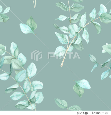 Lush eucalyptus leaves in green tones forming a dense, repeating seamless pattern. Watercolor illustration. Ideal for wallpaper designs, home textiles, and eco-friendly packaging concepts 124849870