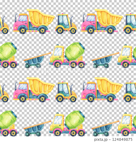 Yellow dump trucks, green cement mixers, tractors, and blue wheelbarrow clipart. Seamless pattern watercolor illustration is great for kids fabrics, wrapping paper, and nursery decor 124849875