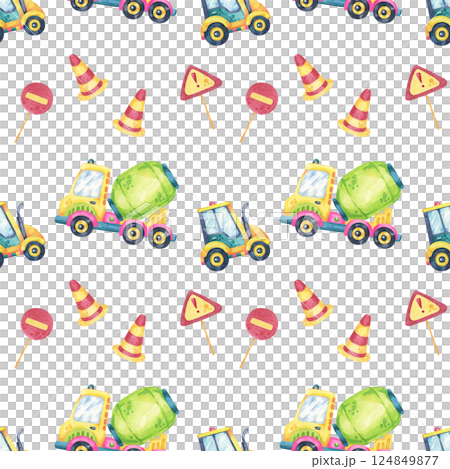 Watercolor cranes, cement mixers, and traffic cones in a seamless pattern clipart. Great for wallpaper, stationery, childrens apparel, and themed room decorations Watercolor cranes, cement mixers, and traffic cones in a seamless pattern clipart. Great for wallpaper, stationery, childrens apparel, and themed room decorations 124849877