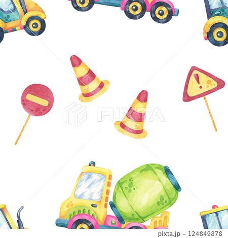 Watercolor cement mixers, traffic cones, and warning signs in a seamless pattern. Ideal for gift wrap, branding, textile prints, and construction-themed paper goods 124849878
