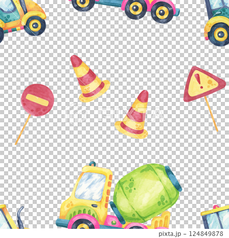 Watercolor cement mixers, traffic cones, and warning signs in a seamless pattern. Ideal for gift wrap, branding, textile prints, and construction-themed paper goods 124849878
