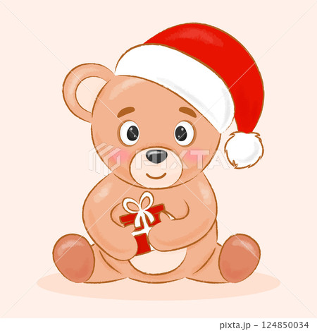 Cute Bear in Santa Claus Hat and With Gift 124850034