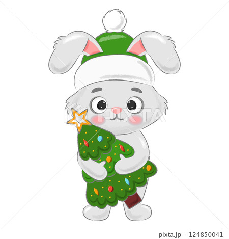 Cute rabbit holding a Christmas tree in his hands 124850041