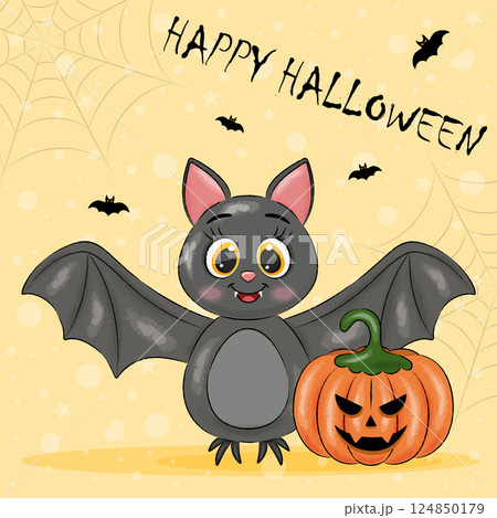 Halloween card with bat and pumpkin on yellow background Halloween card with bat and pumpkin on yellow background 124850179